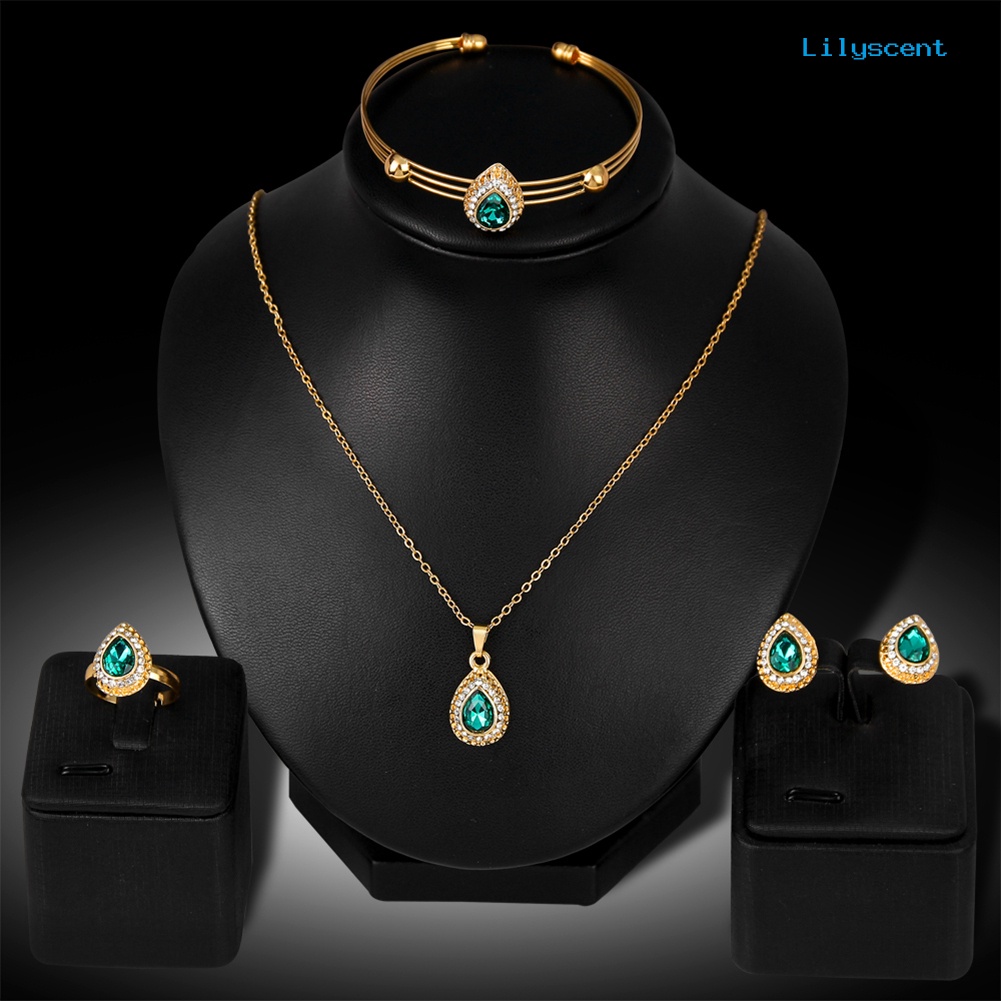 [LS]Wanita Retro Tetesan Air Berlapis Emas Set Perhiasan Kalung Gelang Anting Cincin