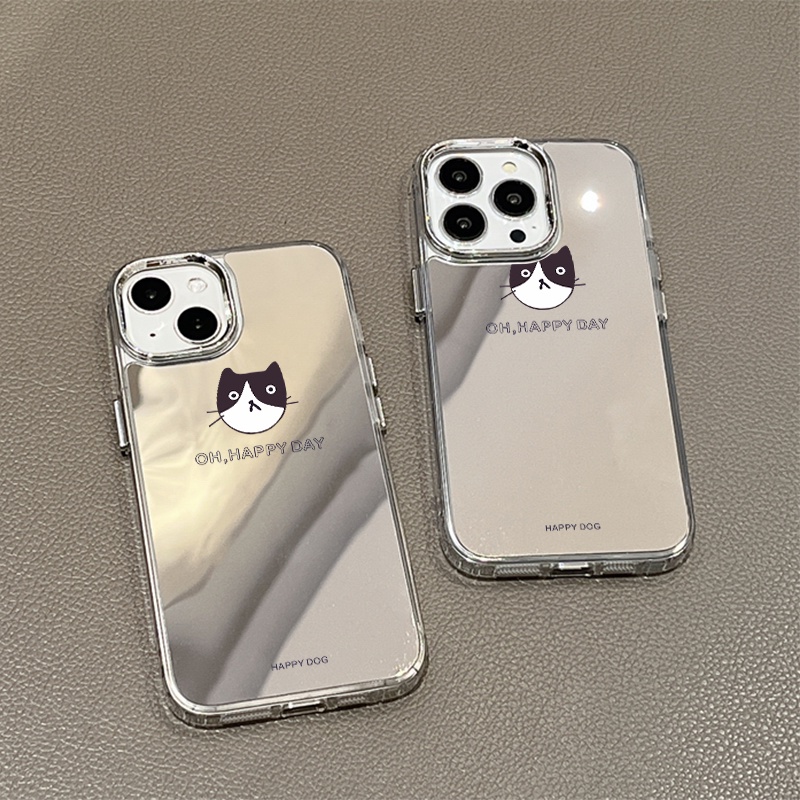IPHONE Casing Ponsel Cermin Kucing Sederhana Kompatibel Untuk Iphone11 12 13 14 12Pro 13Pro 14Pro Pro Max XR X XS Max Electroplating Tombol Perlindungan Mirror Cover