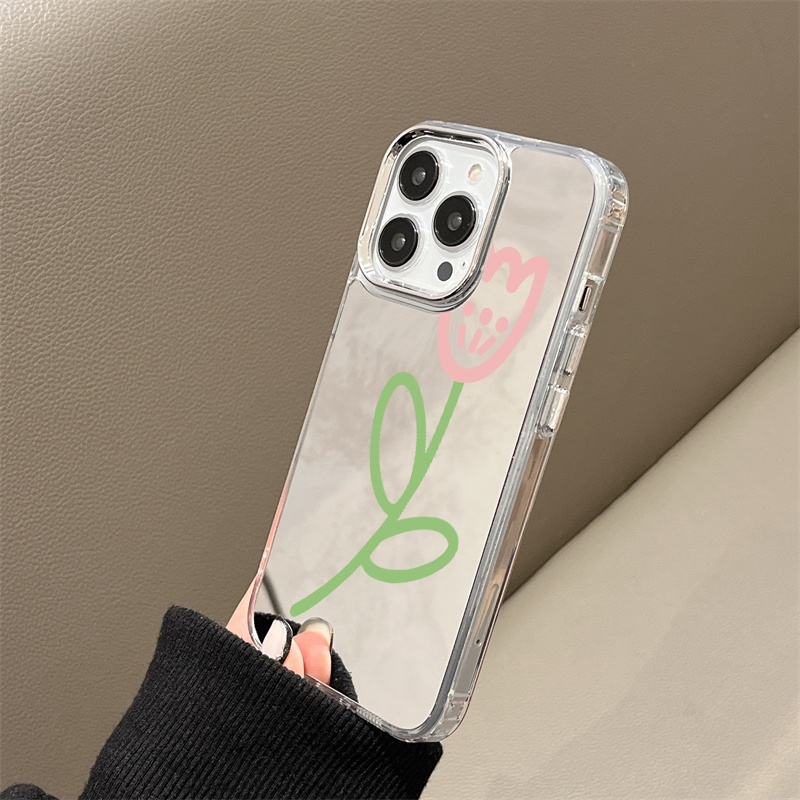 IPHONE Casing Ponsel Cermin Graffiti Tulip Kompatibel Untuk Iphone11 12 13 14 12Pro 13Pro 14Pro Pro Max XR X XS Max Electroplating Tombol Perlindungan Mirror Cover