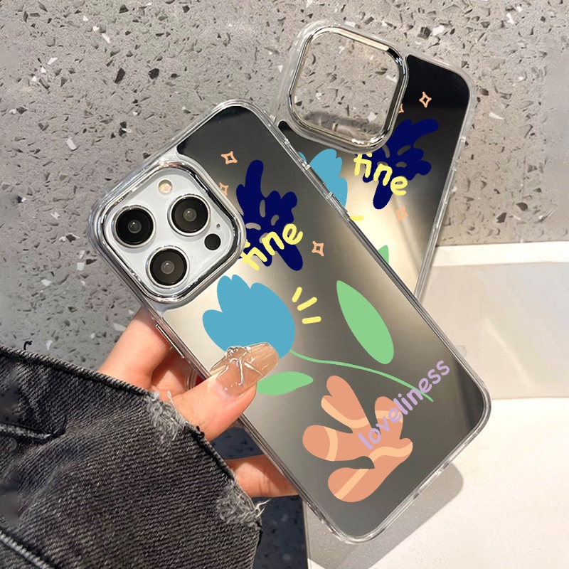 IPHONE Casing Ponsel Cermin Graffiti Bunga Kompatibel Untuk Iphone11 12 13 14 12Pro 13Pro 14Pro Pro Max XR X XS Max Electroplating Tombol Perlindungan Mirror Cover