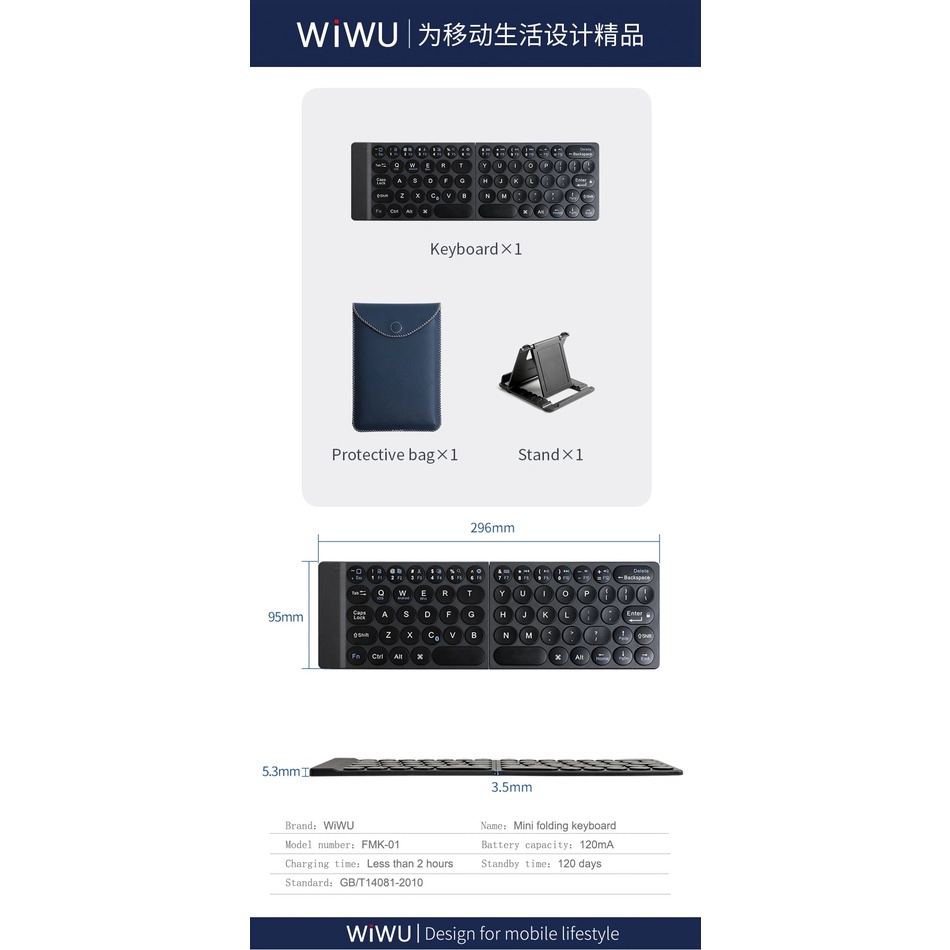 WIWU Portable Wireless Mini Keyboard Foldable for iPad Tablets Windows iOS