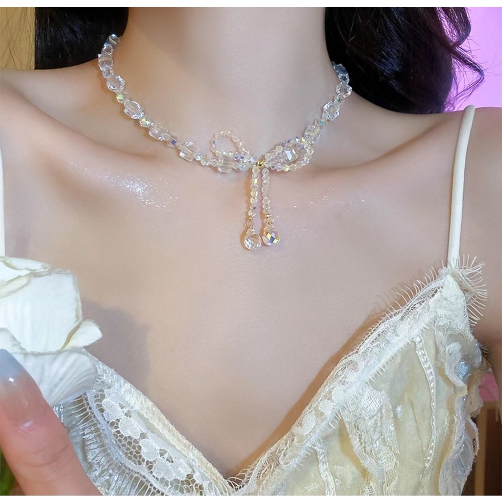 Musim Panas Super Peri Kristal Busur Kalung Perempuan Niche Cahaya Mewah High-End Kalung Gaya Cina Handmade Manik-Manik Rantai Klavikula