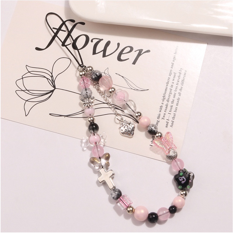 Liontin Strawberry Logam Akrilik Manik-Manik Kupu-Kupu Merah Muda Ponsel Strap Rantai Untuk iPhone Untuk Samsung Untuk OPPO Untuk VIVO Untuk Huawei Untuk Redmi Untuk Xiaomi Universal Bluetooth Earphone Case