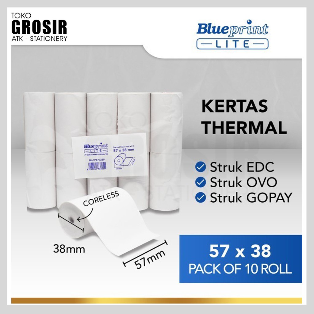 

57X38 (1 PACK) KERTAS KASIR STRUK KERTAS THERMAL TERMAL EDC BRI PPOB BP LITE 57MM CORELESS ≈ 58x40 3