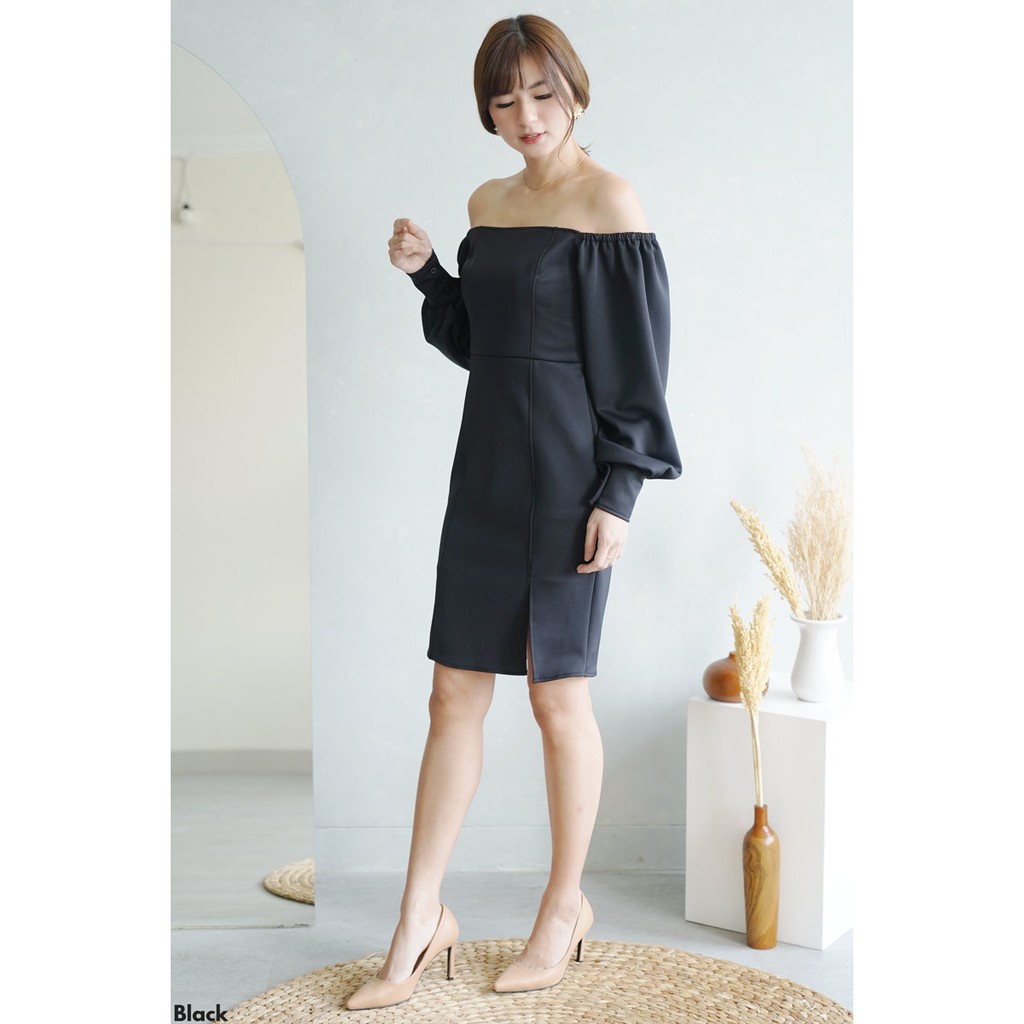 Premium Charity Square / Sabrina Neck Puff Dress Midi Lengan Balon - Dal Mi Long Sleeve Dress -