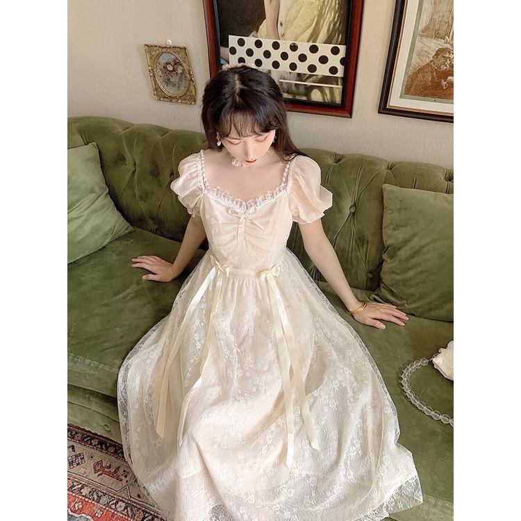 Midi Dress Wanita Prancis Yang Manis Puff Lengan Pendek Renda Dress