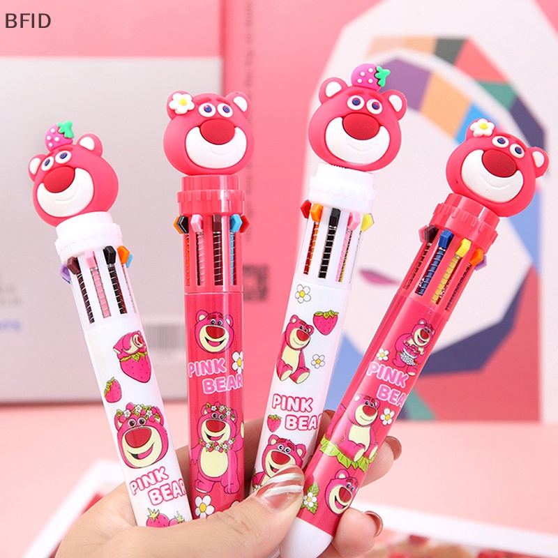 [BFID] Strawberry Bear 10warna Pulpen Bolpoin Multi Warna Kawaii Kartun Press-type Color Pen Alat Tulis Sekolah Pasokan Multi-Fungsi Hadiah Alat Tulis [ID]