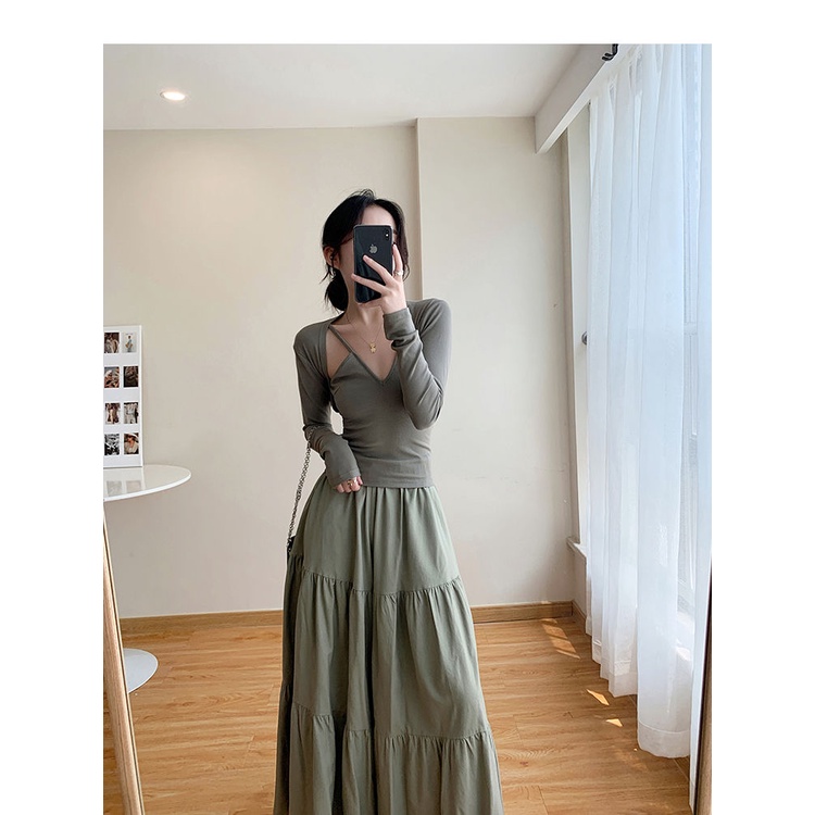 Rok Linen Wanita Vintage Lipatan Oversize Casual Rok