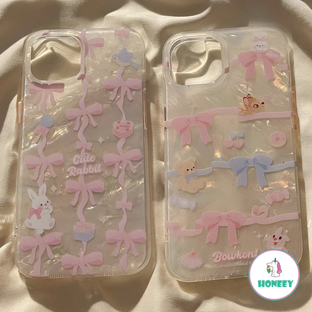 INS Bow Shell Pattern Phone Case Compatible for iPhone 14 13 12 11 Pro Max X XR XSMAX 7 8 Plus SE Cute Bear Bunny Acrylic Shockproof Cover