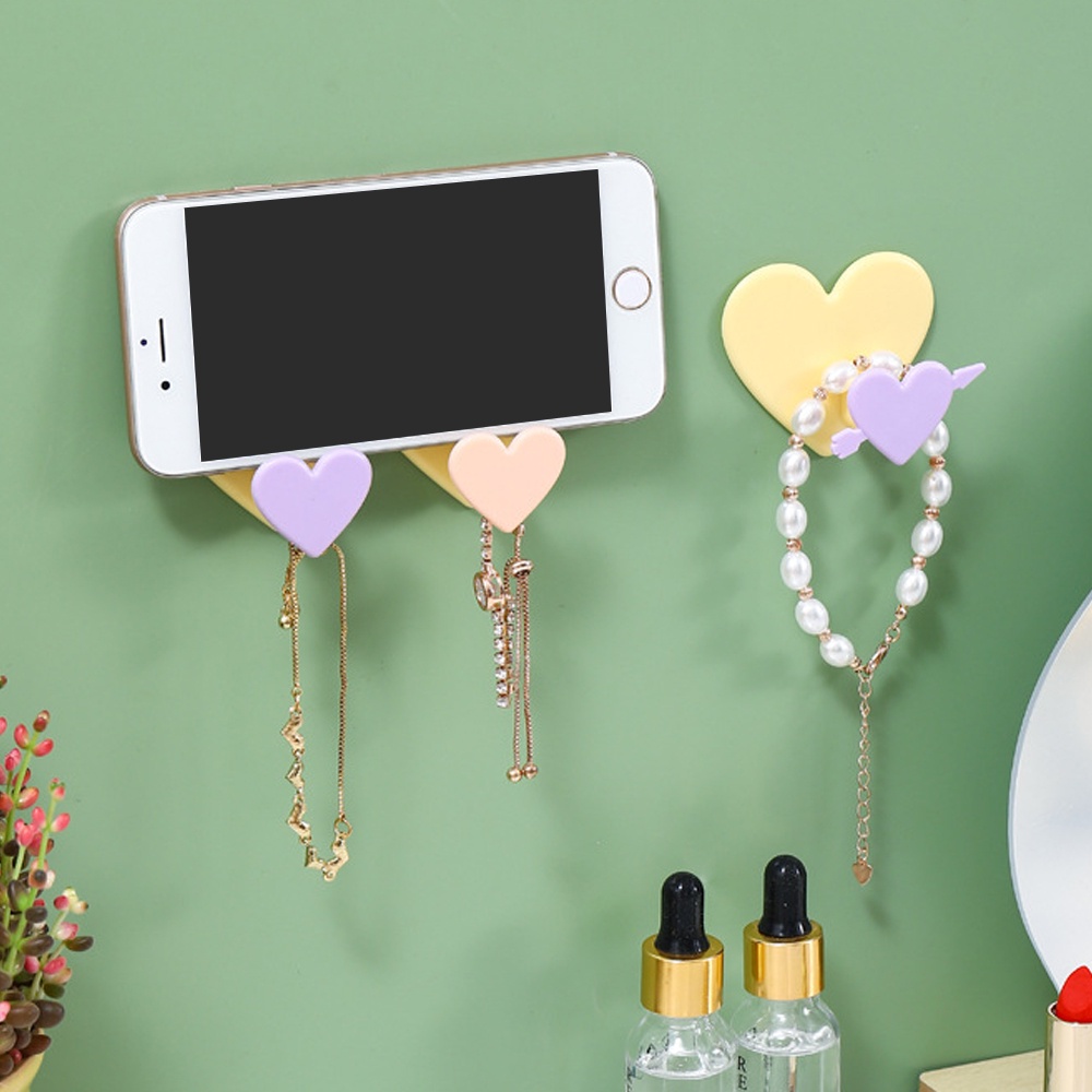 1pc Korean Double-Heart Hook/Tempat Perhiasan Telepon Yang Dipasang Di Dinding/Doorback Umbrella Keys Coat Rack/Kait Perekat Dapur Kamar Mandi/Organizer Rumah Nordic