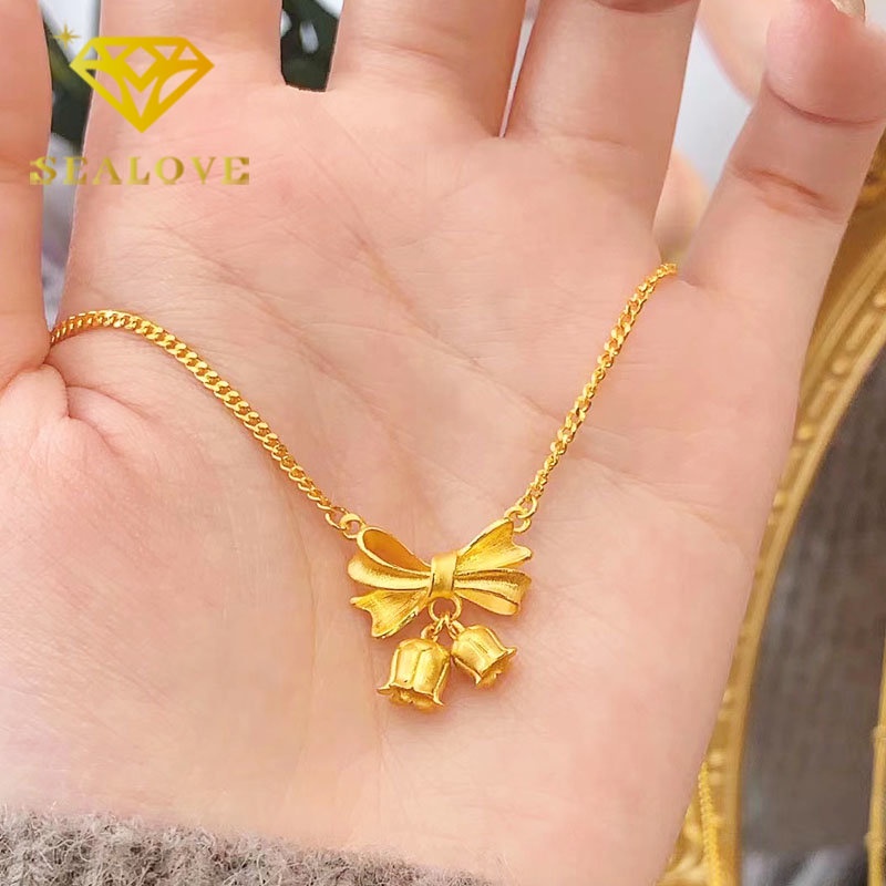 Kalung Titanium Bunga Pita Cantik Aesthetic Korea Emas 18K Anti Karat Aksesoris Wanita Perhiasan Fashion