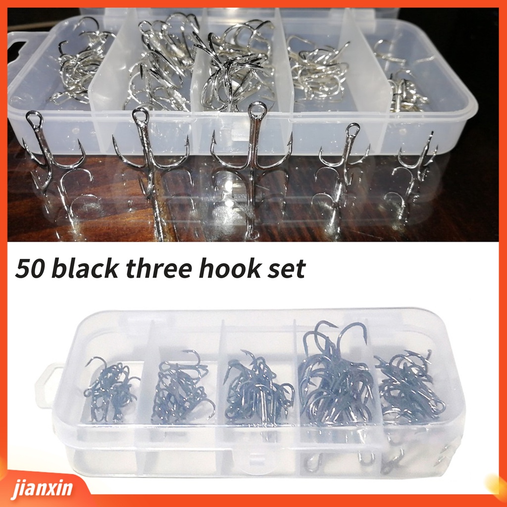 (In Stock) 50Pcs /Box Kait Tiga Ikan Kokoh Ringan Portabel Kait Treble Pancing Baja Karbon Tinggi Untuk Angling