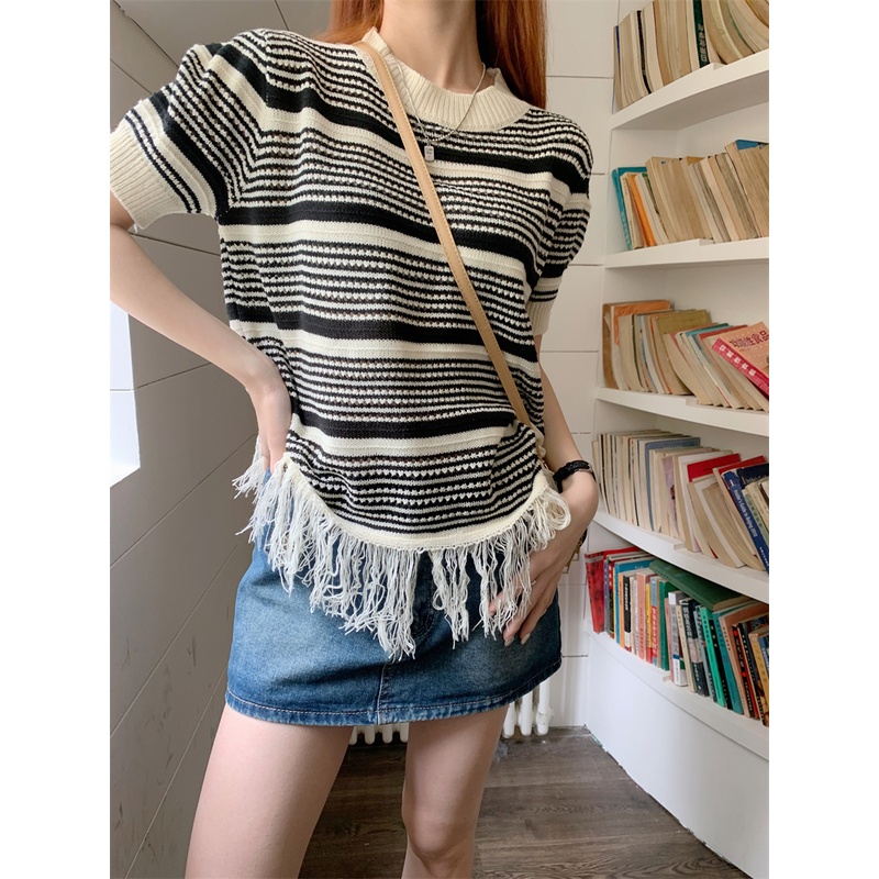 Sweater Oversize Wanita Lengan Pendek Stripe Rajut Premium Atasan