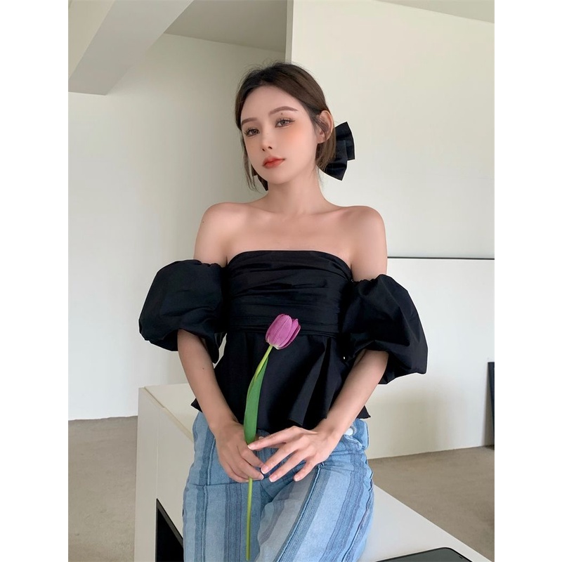 Blouse Wanita Off Shoulder Puff Lengan Pendek Polos Lipatan Crop Top