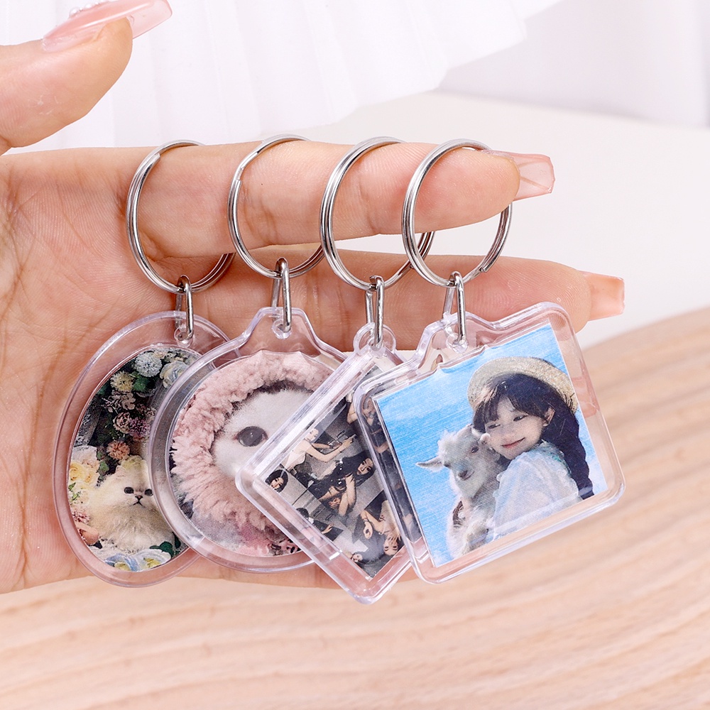 Split Ring Key Ring Custom Round Square Keyring Wanita Transparan Insert Foto Gantungan Kunci Pasangan Hadiah Akrilik Bening Kosong Bingkai Foto Pria Kreatif Gantungan Kunci Liontin DIY Untuk Tas