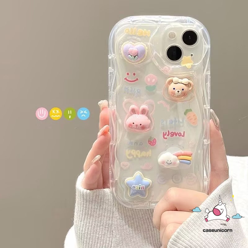 Untuk Infinix Hot 30i 810lite 9smart 66plus 7 5panas11 10 20 8 9 12 30 Play Note 12 G96 12 Kartun DIY 3D Bergelombang Melengkung Tepi Lucu 3D Beruang Kelinci Boneka Monster Bintang Pelangi Lembut Sarung