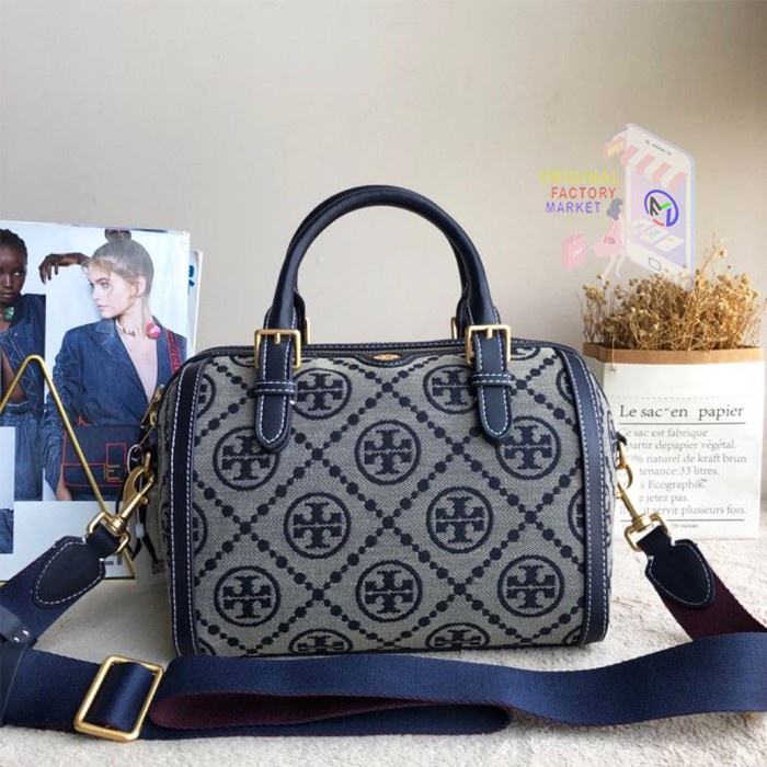 TAS TORY BURCH T Monogram Canvas Jacquard Barrel Tory Navy TB - Small Vs