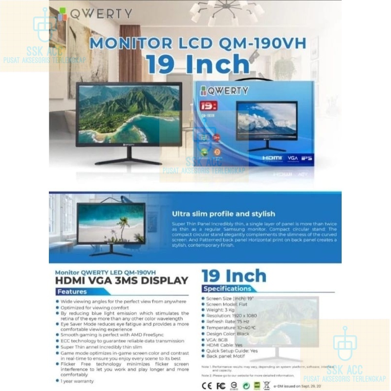MONITOR QWERTY LED QM-19V 19 INCH LCD HDMI VGA 3MS DISPLAY IPS 75HZ