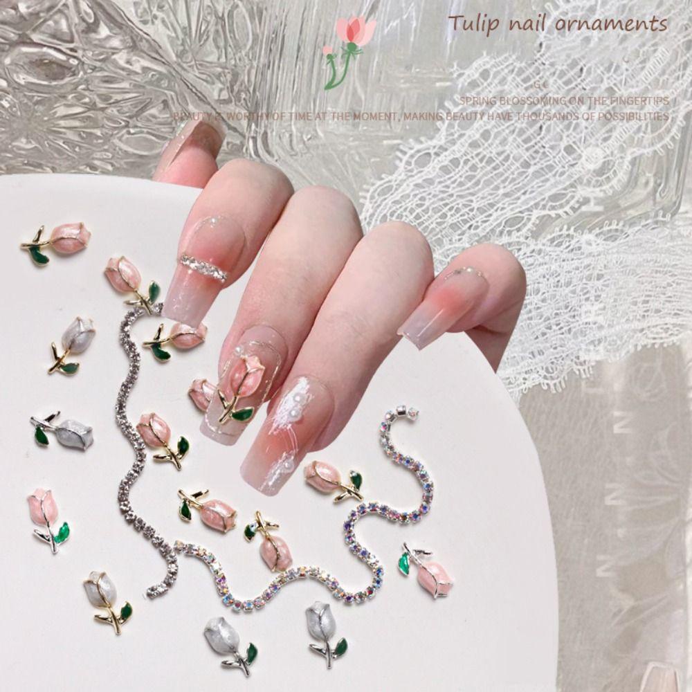 AUGUSTINA Augustina Nail Art Dekorasi Mewah DIY Rantai Tulip Pink Putih Seri Bunga Perlengkapan Bagian Kuku