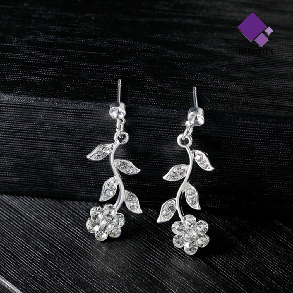 Naiveblue &gt; Wanita Berlian Imitasi Daun Bunga Stud Earrings Pernikahan Bridal Set
