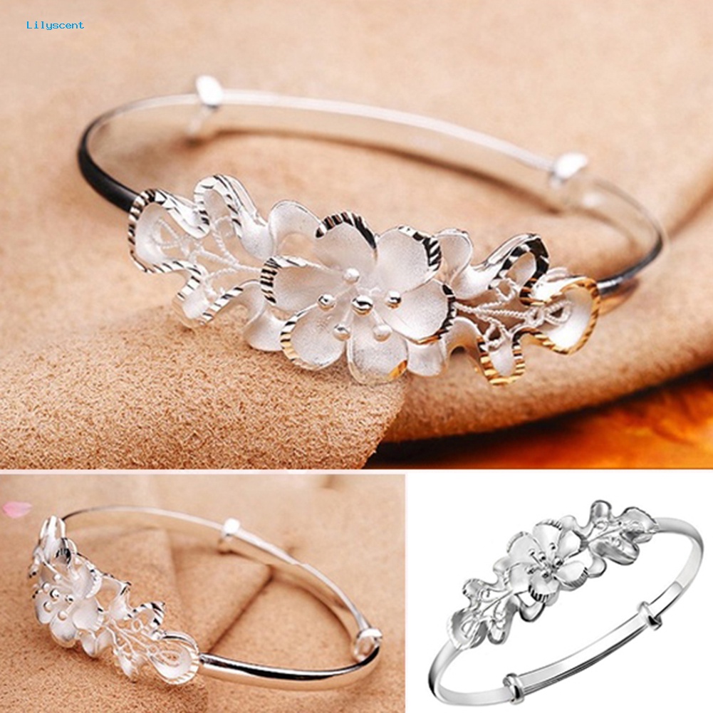 Lilyscent Fashion Bunga Adjustable Cuff Bangle Woman Perak Disepuh Gelang Tangan Perhiasan