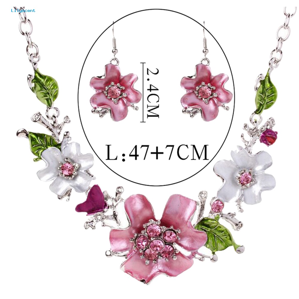 Lilyscent Multicolor Wanita Bunga Berlian Imitasi Hias Liontin Kalung Anting Set Perhiasan