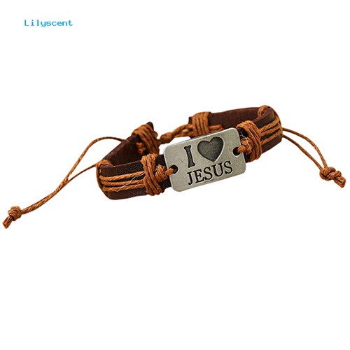 Lilyscent Unisex I LOVE JESUS Faux Leather Bangle Tali Rami Rantai Adjustable Bracelet