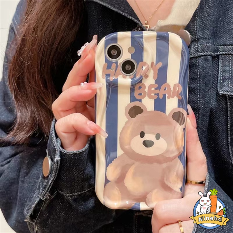 IPHONE Casing Kompatibel Untuk Iphone14 13 12 11 Pro Max X Xr Xs Max8 7 6 6s Plus SE 2020 Fashion Garis Biru Beruang Ponsel Case Perlindungan Lensa Shockproof Bumper Silikon Cover Pelindung