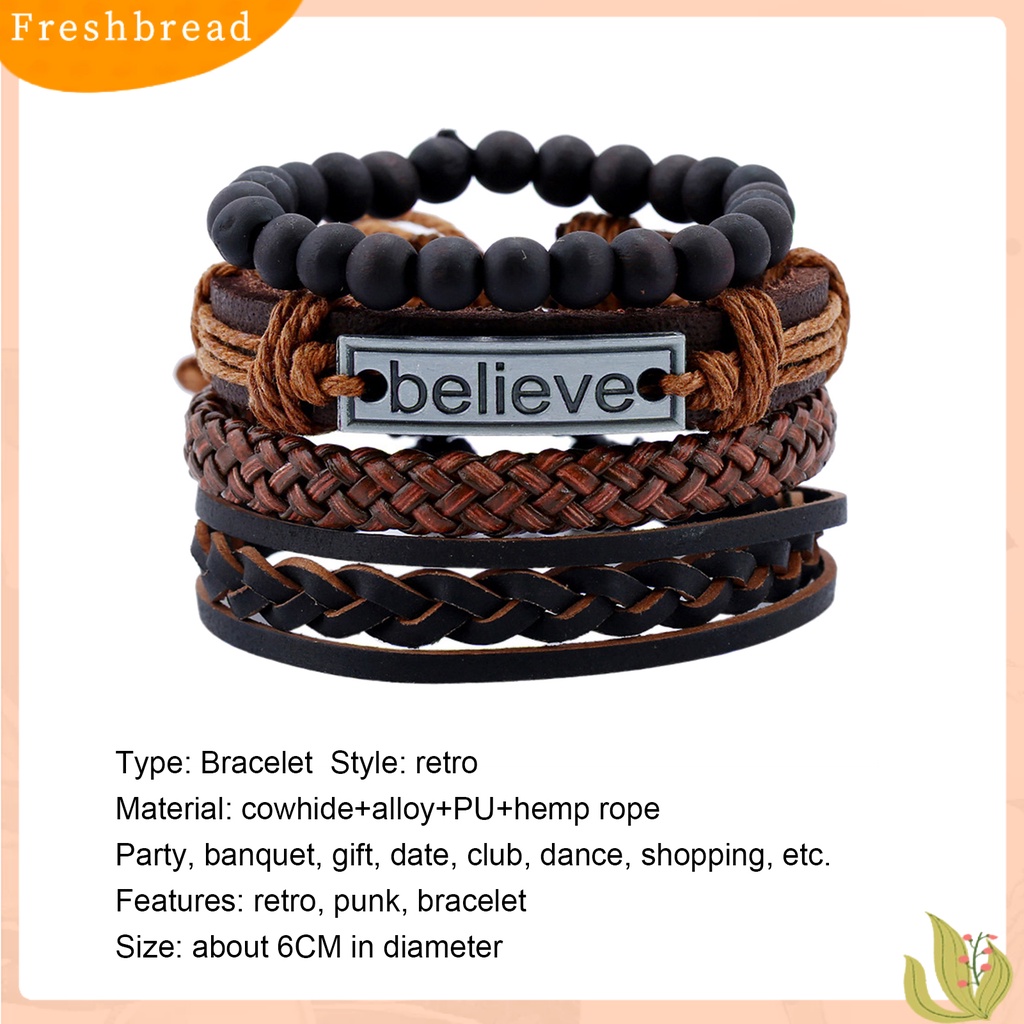 &lt; Freshbread &gt; 4Pcs/Set Pria Fashion Adjustable Kulit Imitasi Tali Dikepang Percaya Huruf Gelang Manik-Manik