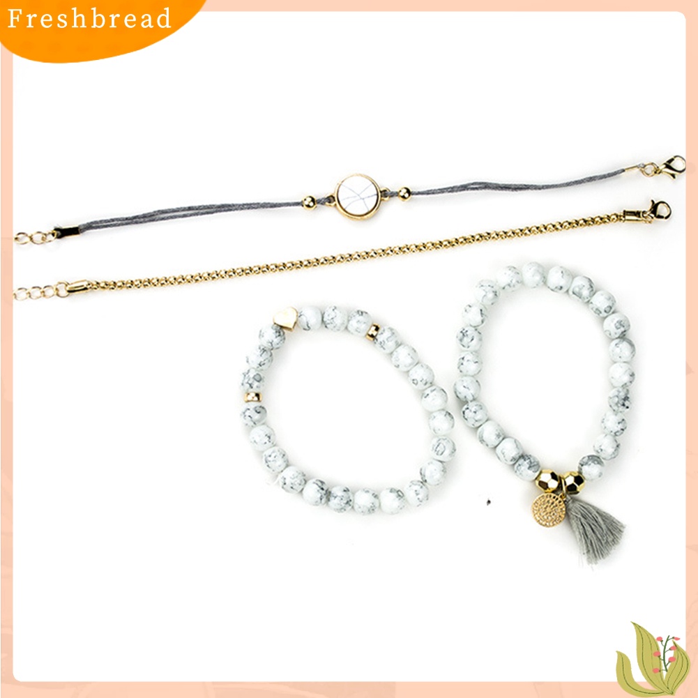 &lt; Freshbread &gt; 4Pcs Wanita Manik-Manik Pirus Imitasi Rumbai Pesona Gelang Bangle Set Perhiasan Hadiah