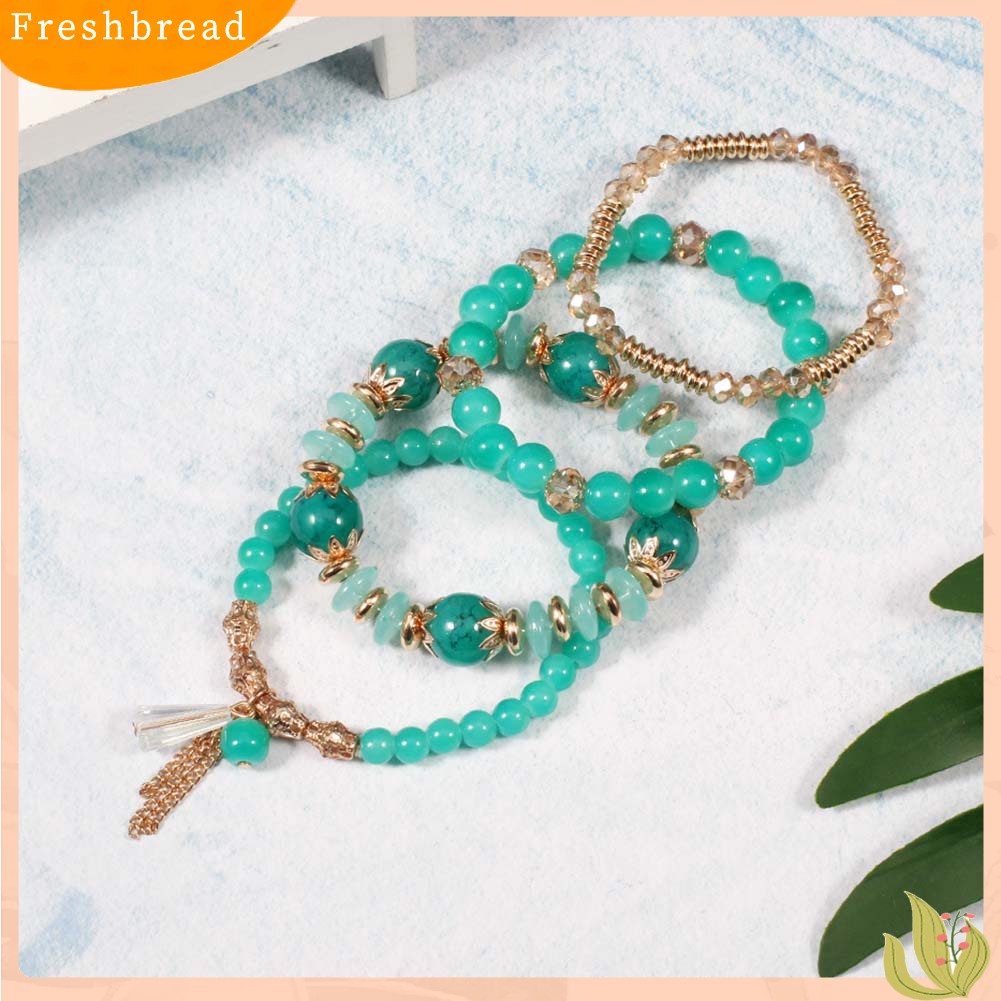 &lt; Freshbread &gt; 4Pcs/Set Boho Faux Agate Mutiara Rumbai Rantai Pesona Manik-Manik Gelang Wanita Perhiasan