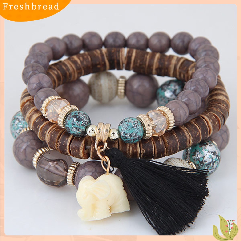 &lt; Freshbread &gt; 3Pcs/Set Tali Elastis Multilayer Resin Wanita Gelang Wanita Bohemia Gajah Rumbai Manik-Manik Gelang Perhiasan Aksesori