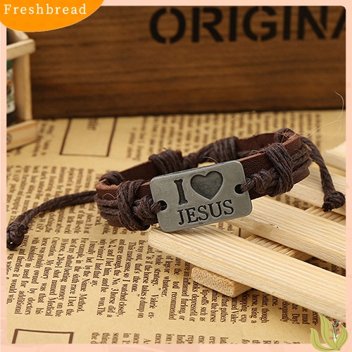 &lt; Freshbread &gt; Unisex I LOVE JESUS Faux Leather Bangle Rantai Tali Rami Gelang Yang Dapat Disesuaikan