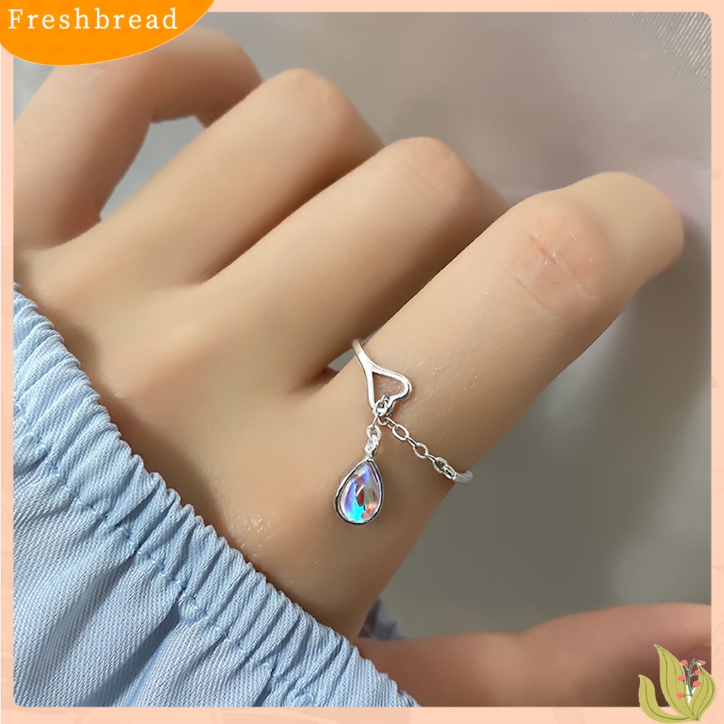 &lt; Freshbread &gt; Wanita Cincin Faux Moonstone Desain Pembukaan Geometris Adjustable All-match Perhiasan Hadiah Cubic Zirconia Ladies Water Drop Rumbai Pesta Jari Cincin Untuk Pakaian Sehari-Hari