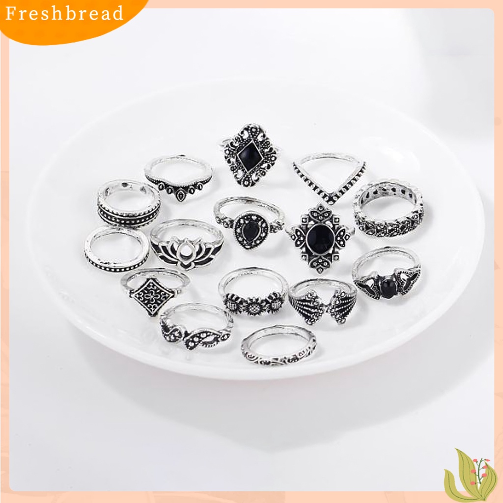 &lt; Freshbread &gt; 15Pcs/Set Wanita Berongga Lotus Bunga Matahari Geometris Faux Permata Susun Jari Cincin