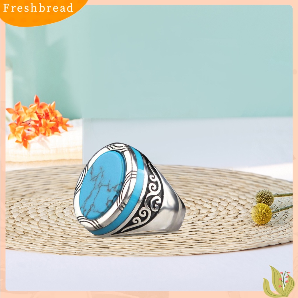 &lt; Freshbread &gt; Electroplating Polishing Lebar Pria Cincin Punk Retro Pola Ukir Faux Turquoise Ring Perhiasan Aksesoris