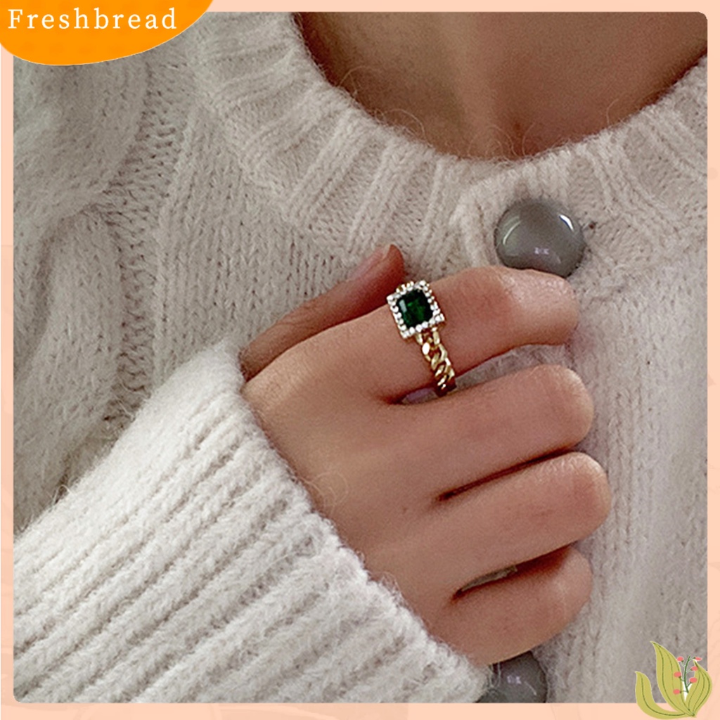 &lt; Freshbread &gt; Ring Cincin Rantai Zircon Hijau Bahan Metal Halus Gaya Perancis Untuk Club