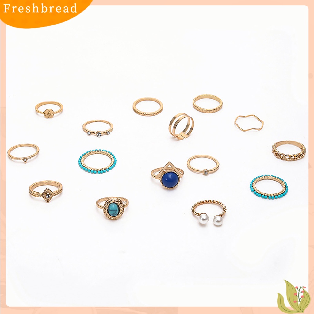 &lt; Freshbread &gt; 15 Pcs Turquoise Faux Pearls Decor Knuckle Rings Wanita Vintage Bersinar Jari Cincin Aksesoris Perhiasan