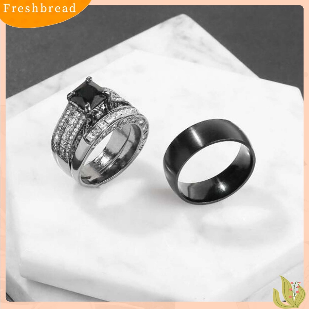 &lt; Freshbread &gt; 3Pcs/Set Cincin Pasangan Laporan Permukaan Halus Paduan Persegi Bertatahkan Cubic Zirconia Pernikahan Band Perhiasan Fashion