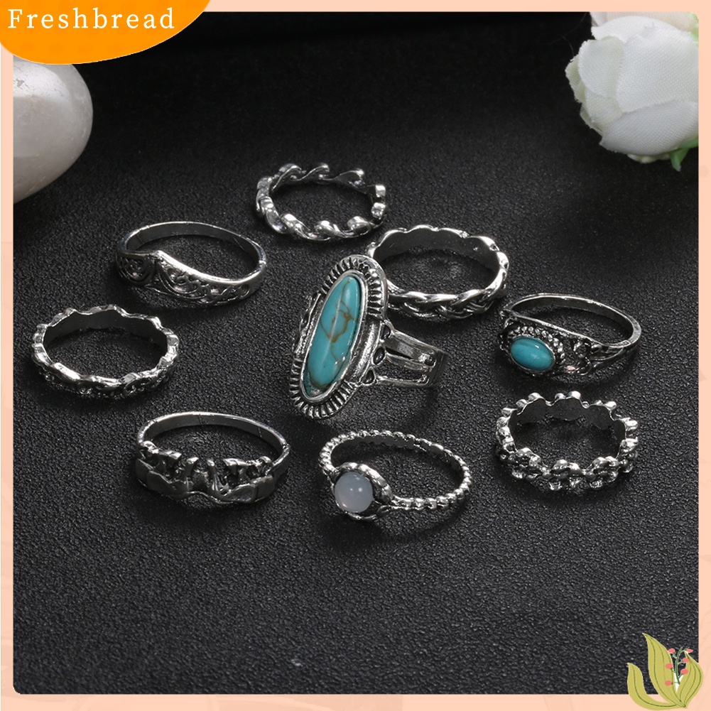 &lt; Freshbread &gt; 9Pcs/Set Wanita Retro Bohemian Faux Turquoise Hias Jari Cincin Perhiasan Hadiah