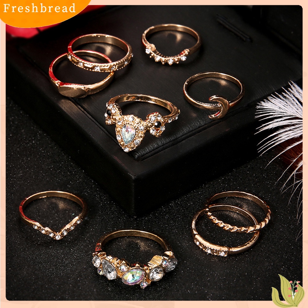 &lt; Freshbread &gt; 9Pcs/Set Bohemian Wanita Mahkota Bulan Berlian Imitasi Knuckle Midi Finger Ring Jewelry