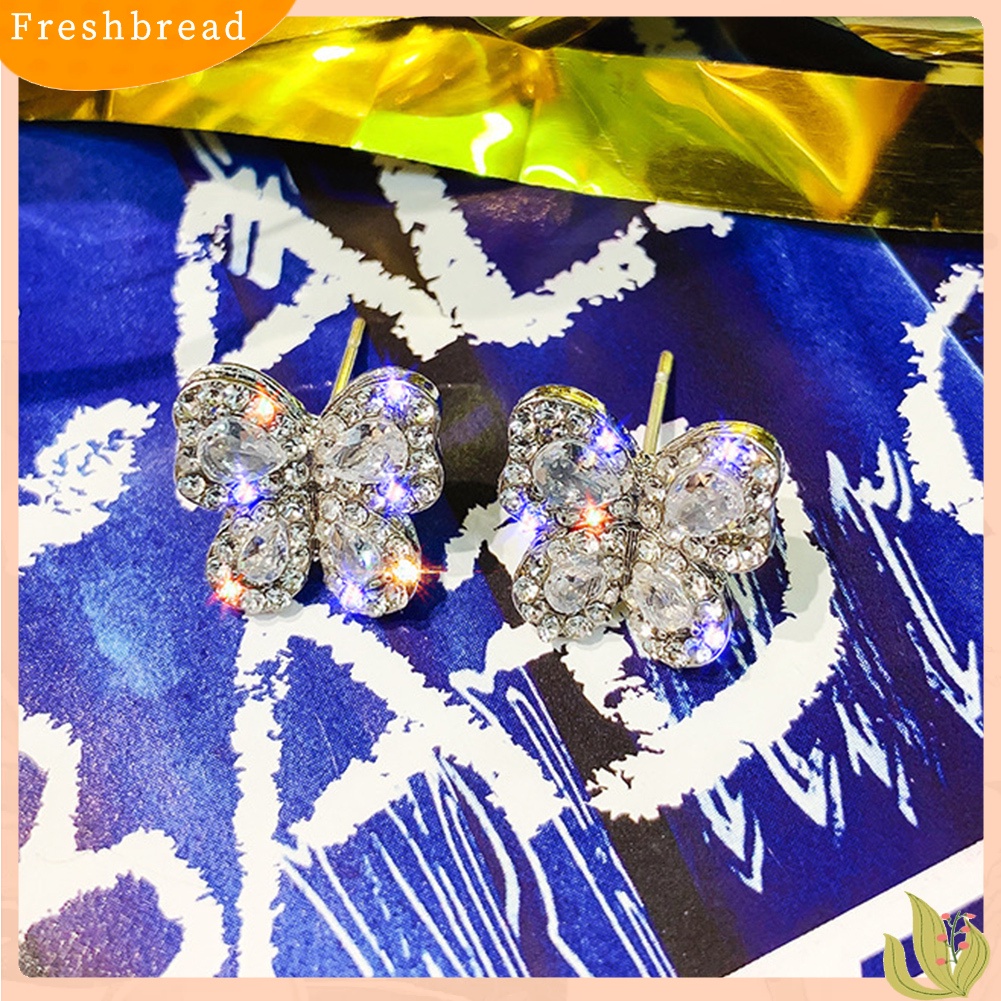 &lt; Freshbread &gt; Wanita Elegan Penuh Berlian Imitasi Bertatahkan Bentuk Kupu-Kupu Stud Earrings Perhiasan Hadiah
