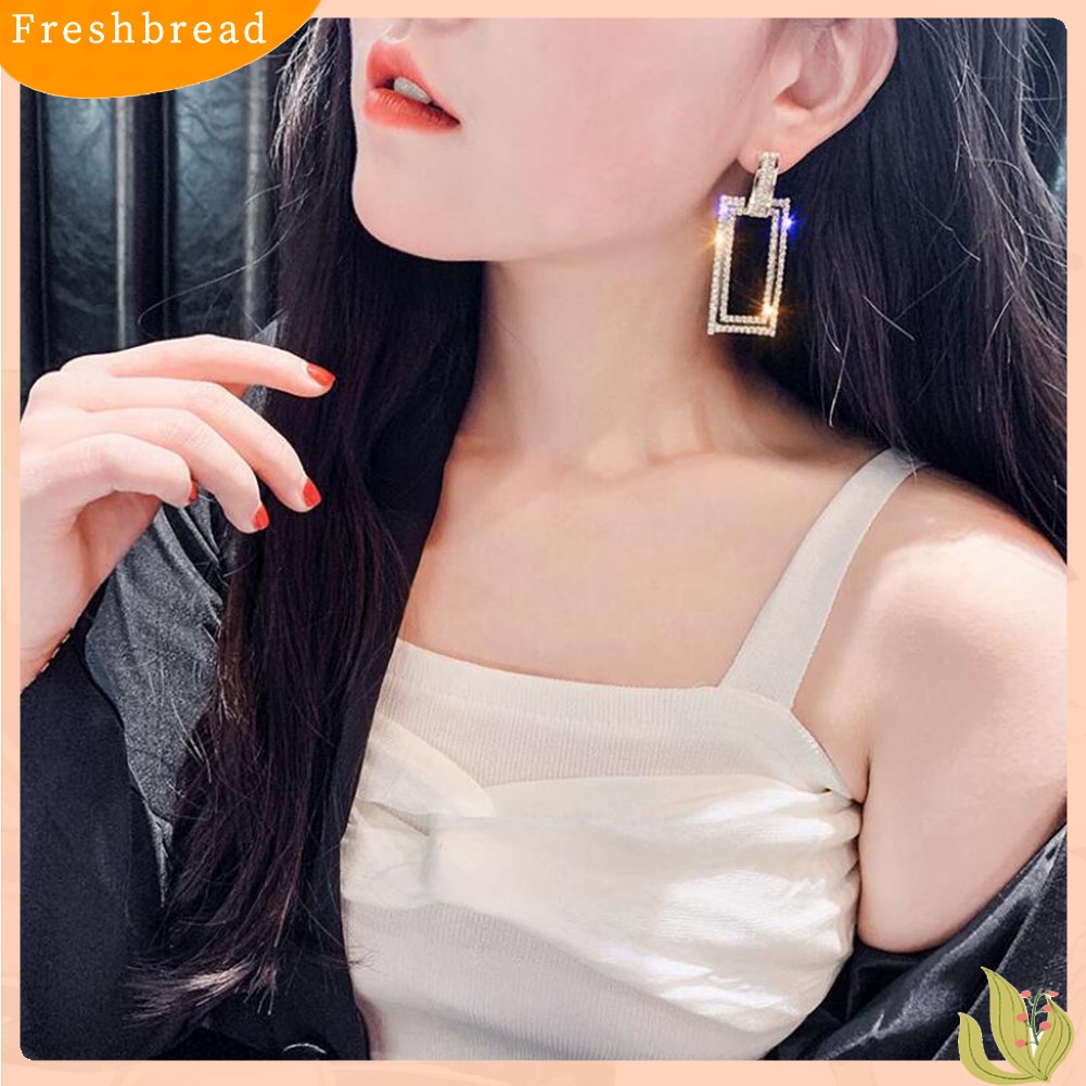 &lt; Freshbread &gt; Wanita Berlian Imitasi Bertatahkan Berongga Persegi Panjang Menjuntai Ear Stud Earrings Perhiasan Hadiah