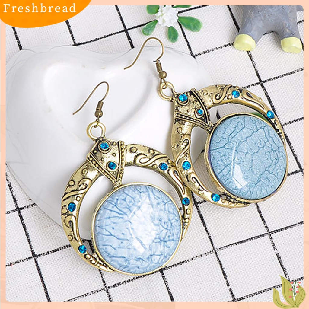 &lt; Freshbread &gt; 1pasang Berlian Imitasi Ukir Unik Dekorasi Retro Anting Bohemia Besar Bulat Menjuntai Kait Anting Perhiasan Fashion