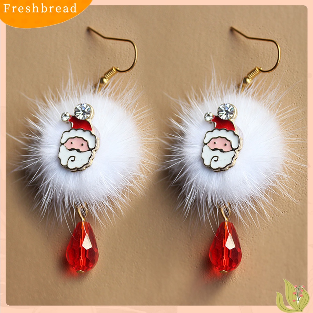 &lt; Freshbread &gt; 1pasang Putih Mewah Bola Merah Berlian Imitasi Xmas Anting Alloy Santa Claus Elk Pendant Hook Earrings Perhiasan Fashion