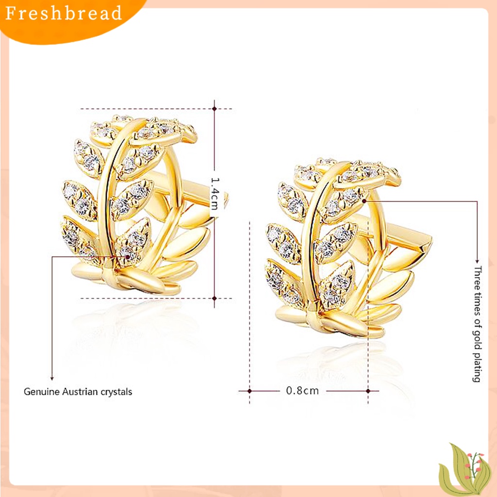 &lt; Freshbread &gt; Wanita Berlian Imitasi Willow Daun Temperamen Telinga Klip Tindik Anting Perhiasan