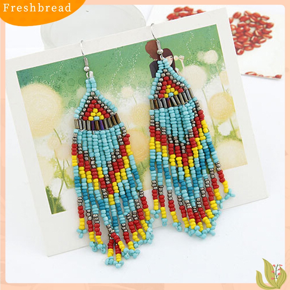 &lt; Freshbread &gt; Wanita Bohemian Panjang Manik-Manik Rumbai Drop Menjuntai Kait Anting Pesta Perhiasan Hadiah