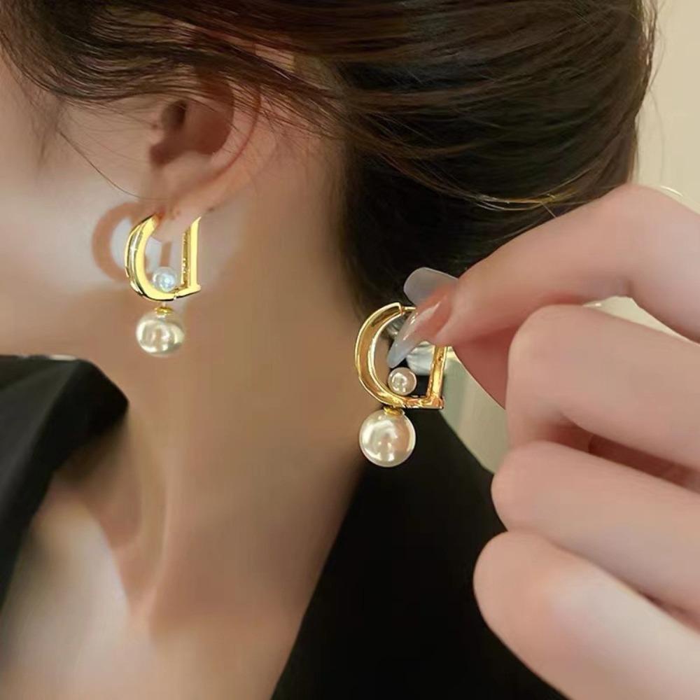 Needway Wanita Anting Hoop Pesta Perhiasan Peri Fashion Surat D Ceative Vintage Pearl Ear Stud