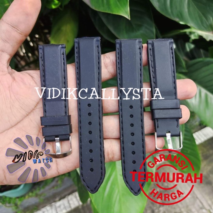 Strap Tali Jam Tangan Karet 20mm 22mm 24mm Rubber Jahit Hitam