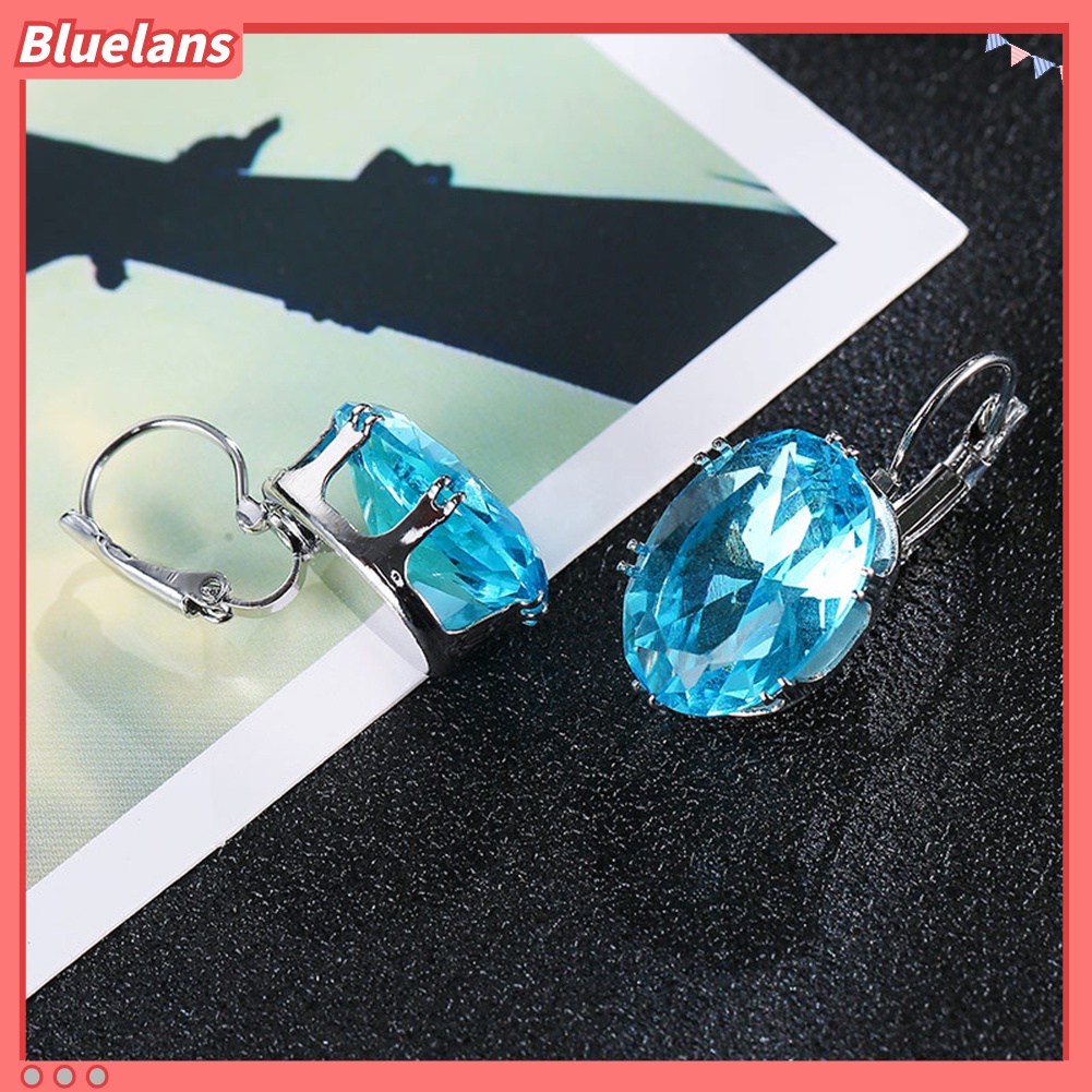 {In Stock} Elegan Wanita Oval Batu Permata Imitasi Hias Menjuntai Leverback Earrings Perhiasan Hadiah